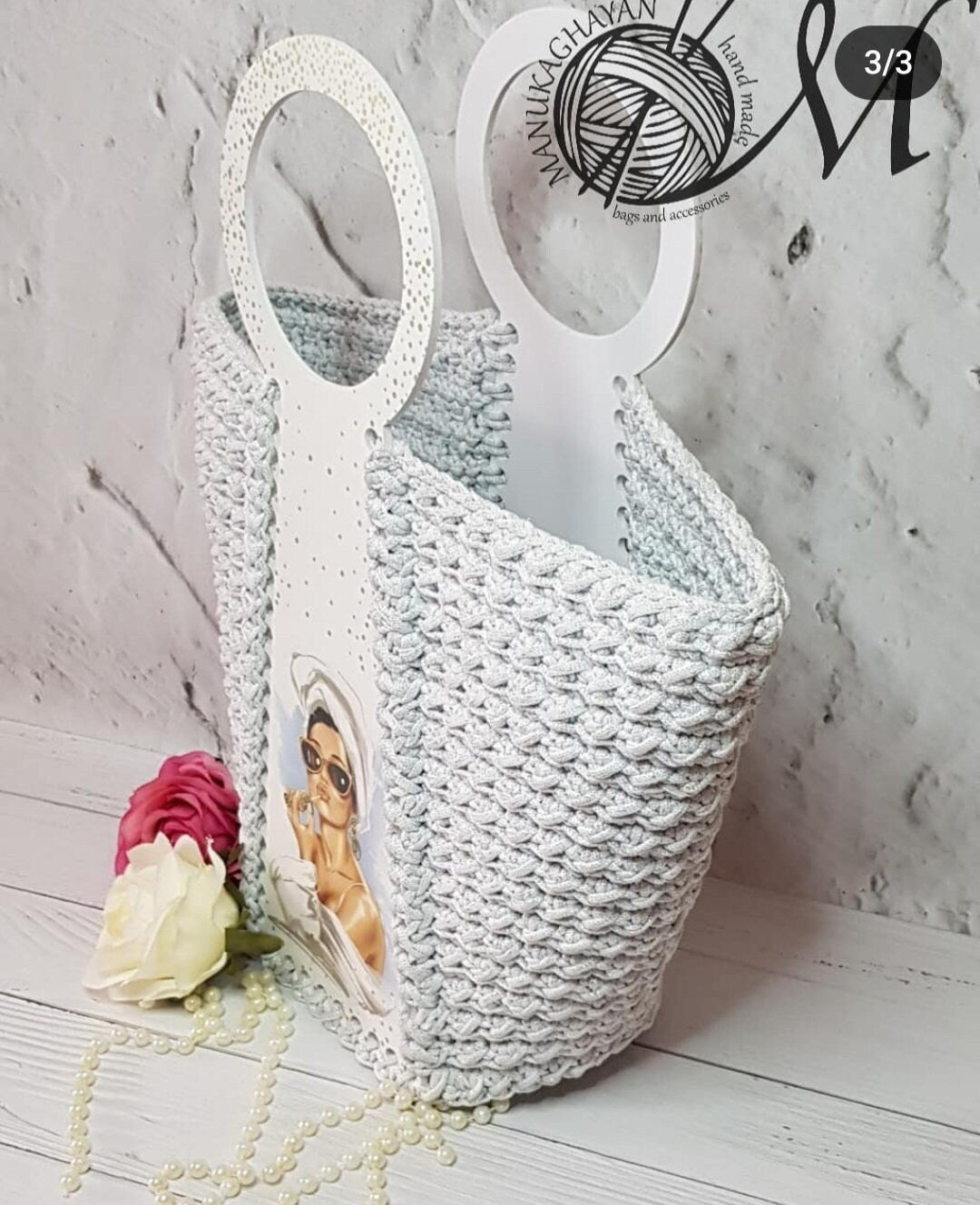 ELEGANT KNITTED BAG | Knitted Thread Bag | Handmade White Bag | Womens Designer Bag | White Polyester Plastic Printed Handmade Tote Bag