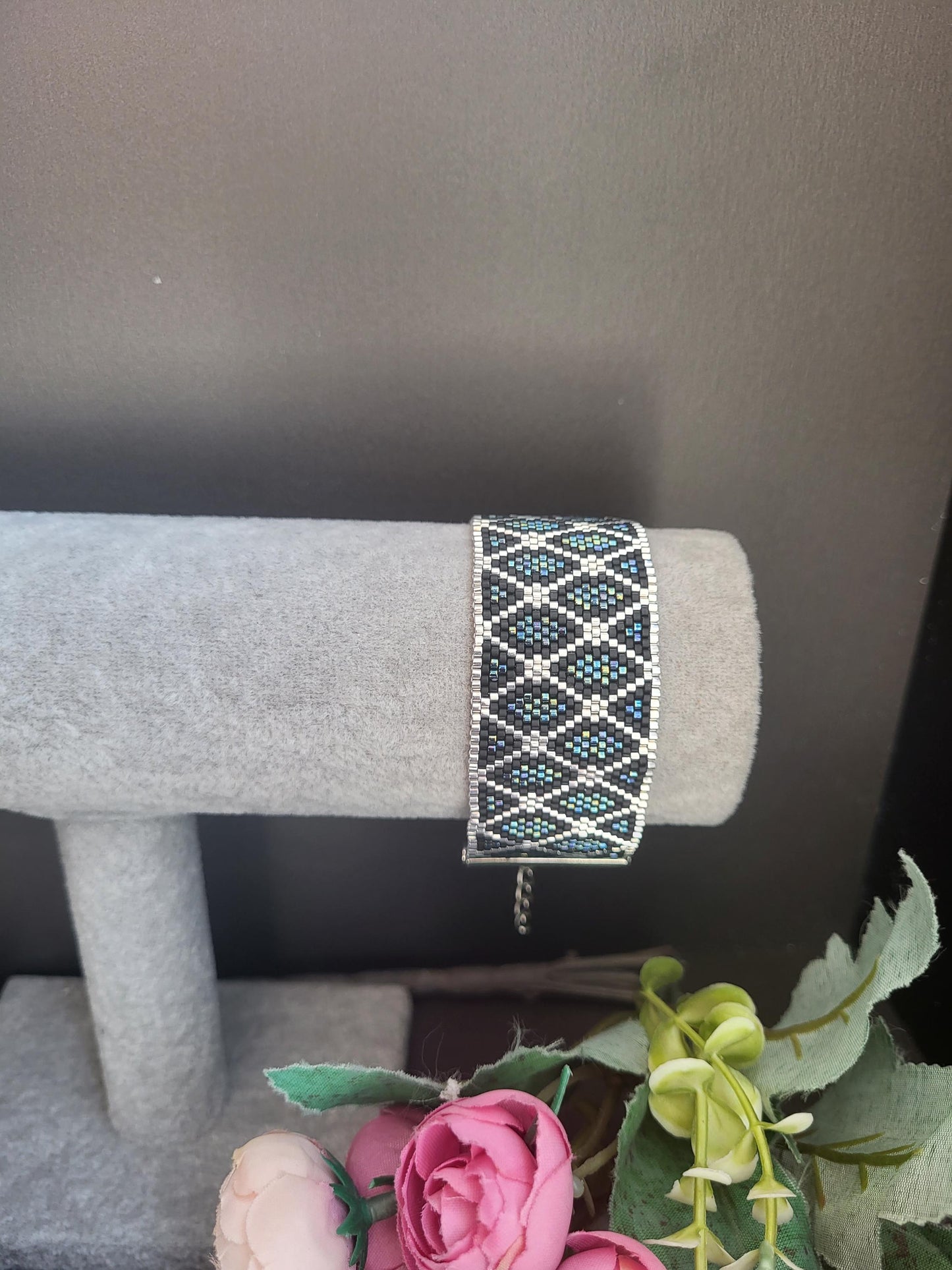 Handmade Miyuki Beaded Bracelet – Silver, Black and Blue Tones/Miyuki Glass Beaded Bracelet – Timeless Silver and Blue Elegance