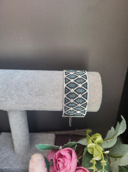 Handmade Miyuki Beaded Bracelet – Silver, Black and Blue Tones/Miyuki Glass Beaded Bracelet – Timeless Silver and Blue Elegance