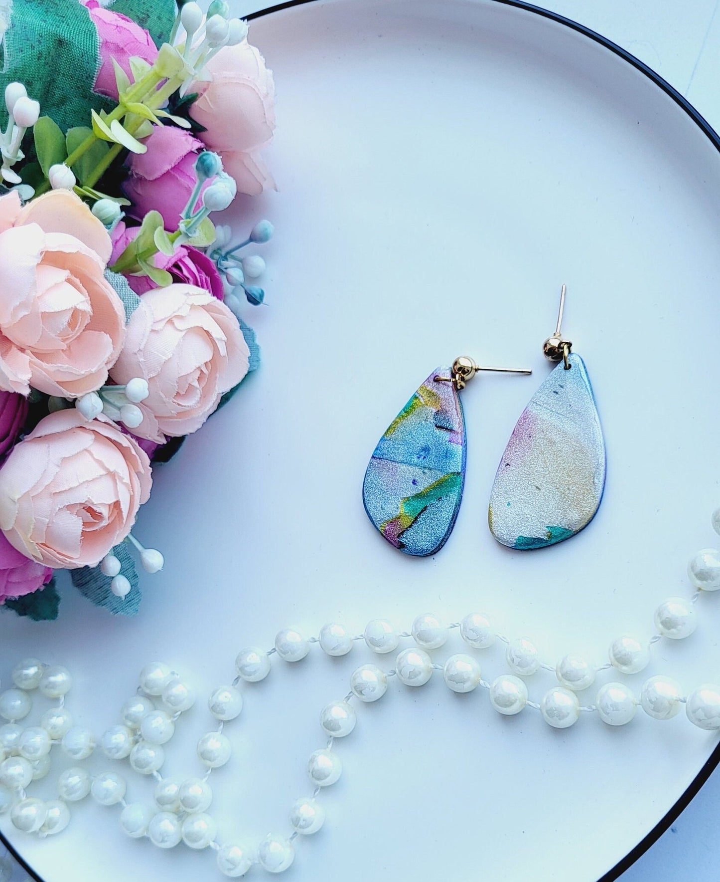Abstract Watercolor Drop Earrings/Handmade Polymer Clay Dangle/Lightweight Handmade Accessories/Multicolor Artistic Clay Drops