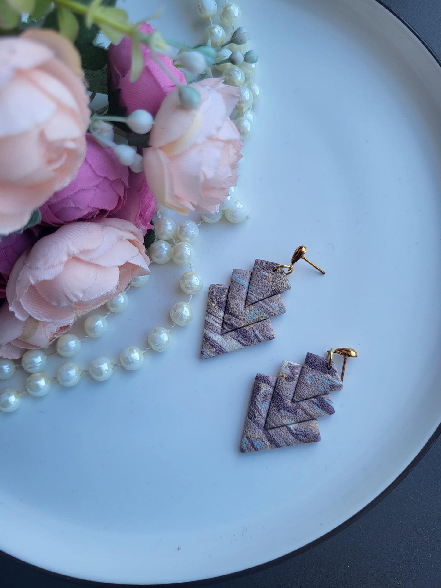 Geometric Chevron Clay Earrings – Handmade Statement Jewelry/Textured Polymer Clay Earrings – Modern Boho Style/Layered Chevron Earrings – Handmade Minimalist Jewelry