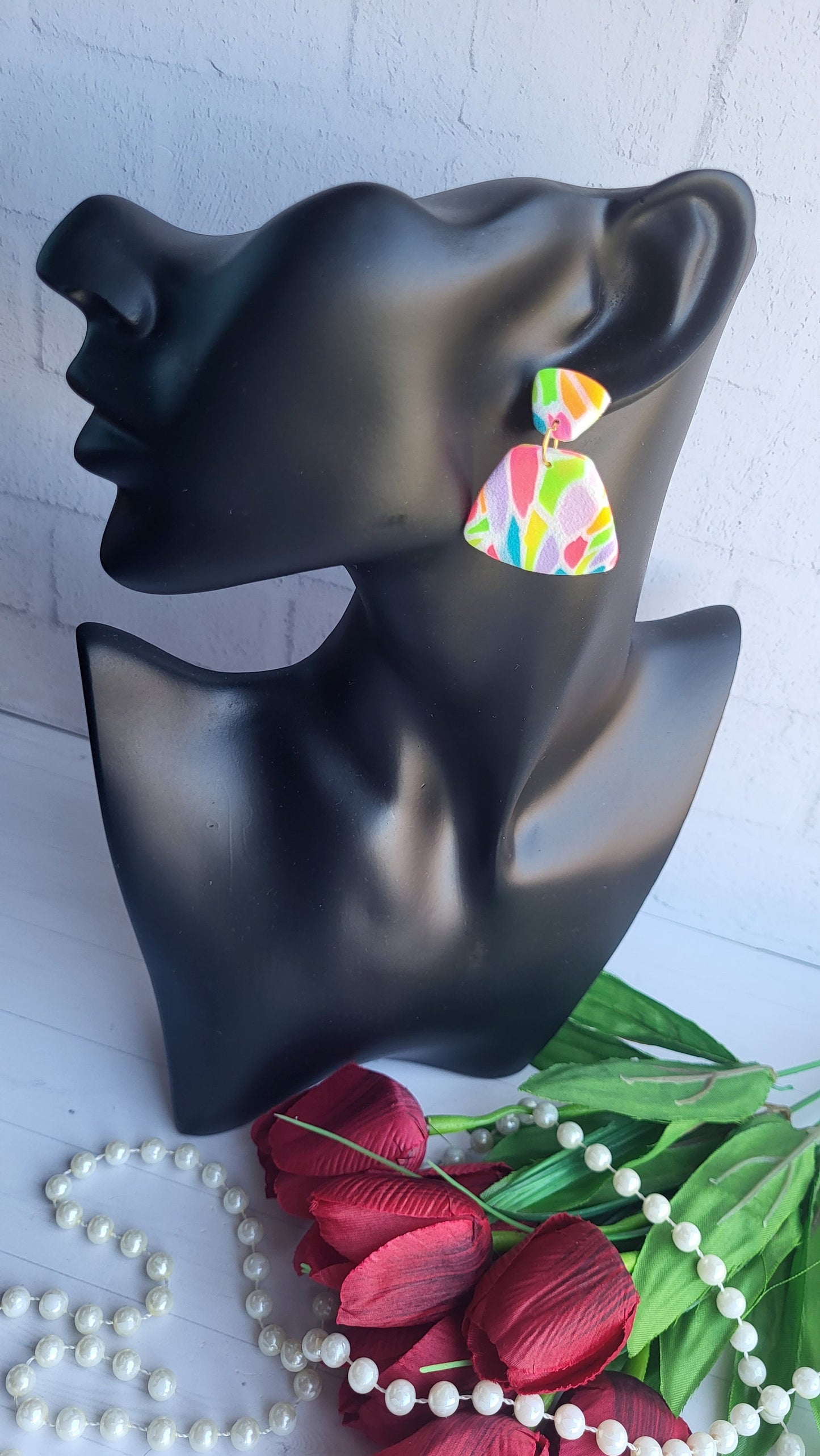 Playful & Chic Polymer Clay Dangles/Unique Hand-Painted Look Earrings/Bright  Bold Handmade Jewelry/Artistic Triangle Drop Earrings
