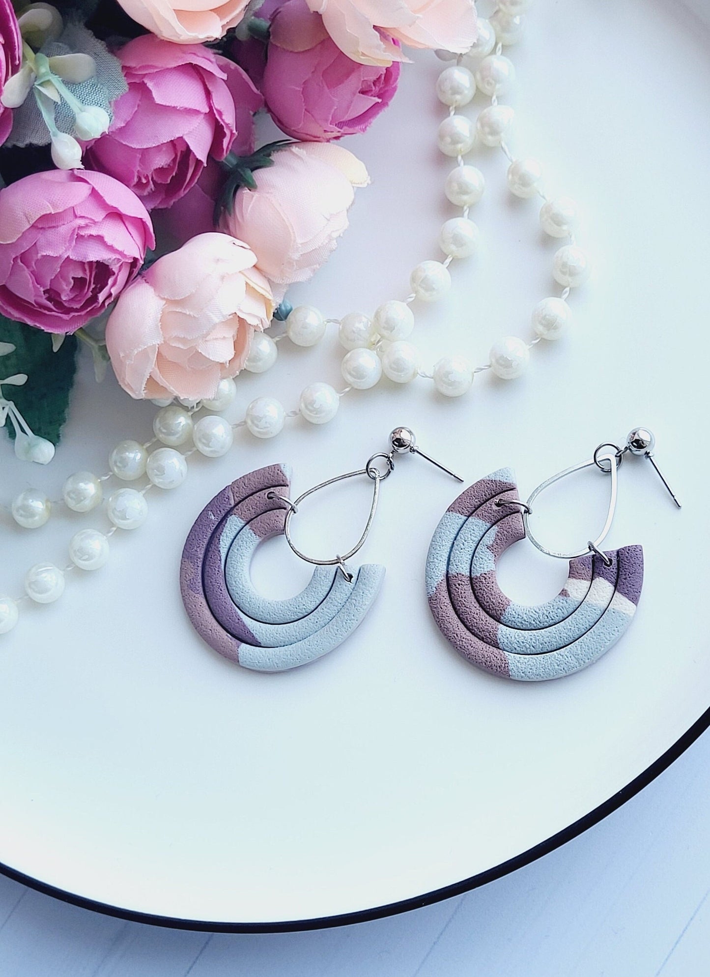 Pastel rainbow earrings/Handmade arc jewelry/Geometric drop earrings/Clay rainbow dangles/Minimalist pastel hoops/Subtle pastel tones