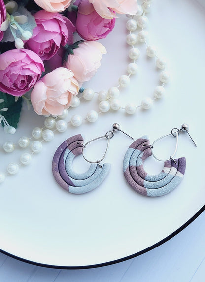 Pastel rainbow earrings/Handmade arc jewelry/Geometric drop earrings/Clay rainbow dangles/Minimalist pastel hoops/Subtle pastel tones