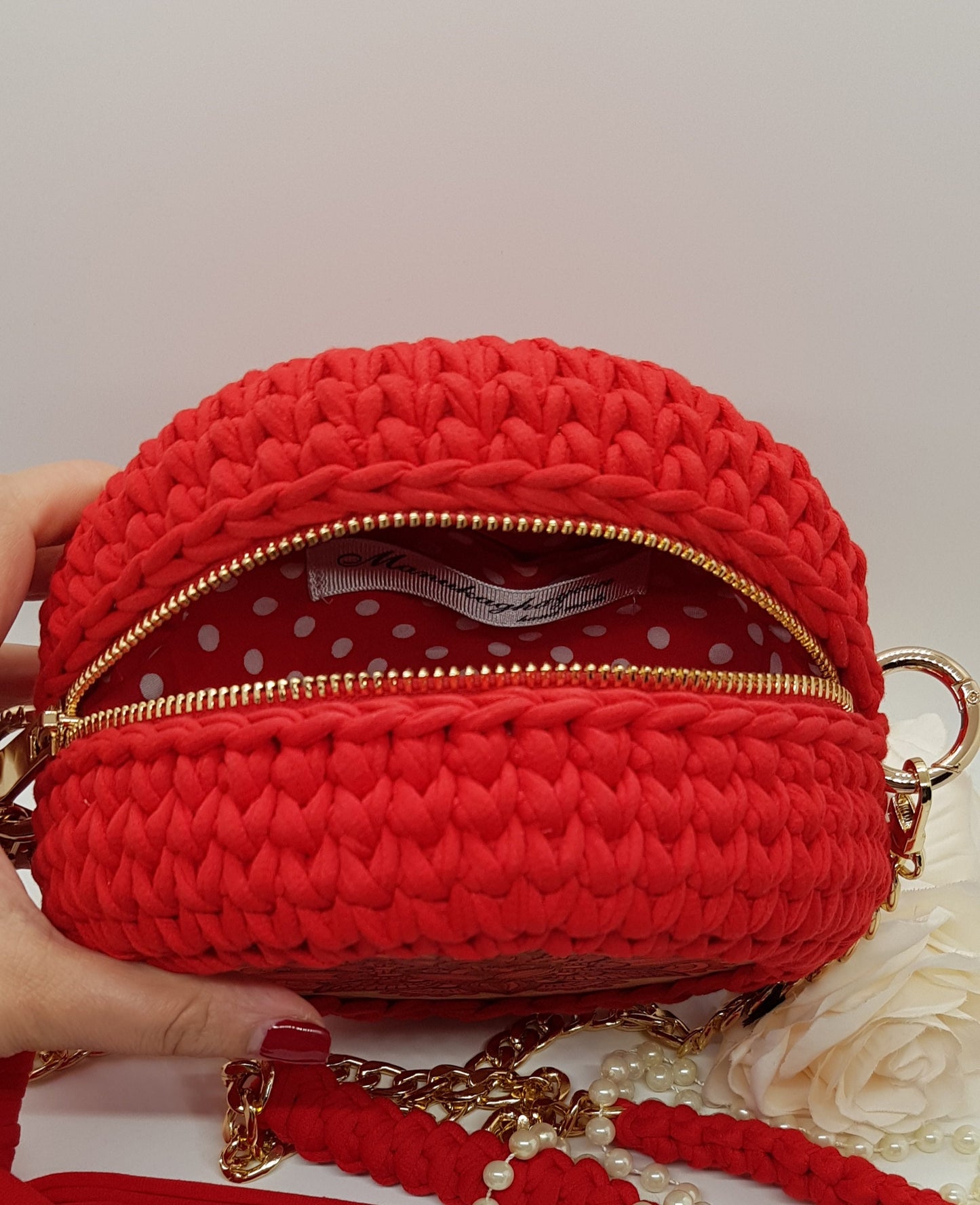 WOODEN DECOR BAG | Handmade Knitted Bag | Red Round Bag | Cotton Purse Bag | Vibrant Red Casual Artistic Handmade Decorative Bag