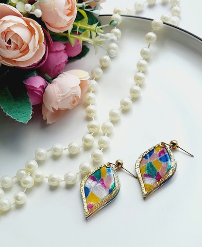 Handmade Multicolored Teardrop Polymer Clay Earrings with Gold Frame/Unique Handmade Earrings with Artistic Multicolor Motif