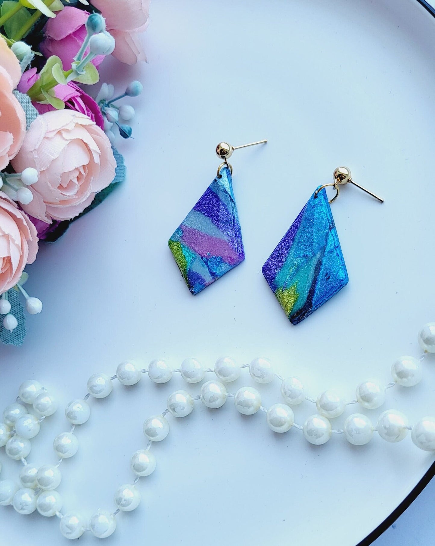Abstract Diamond Drop Earrings/Geometric Blue Polymer Clay Earrings/Handcrafted Colorful Statement Earrings