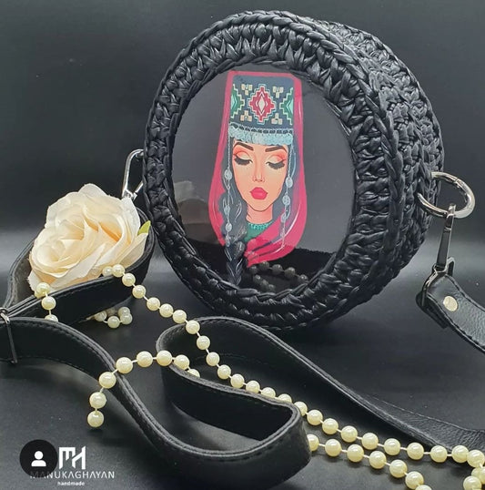 Handmade Black Knitted Bag with Chain & Fabric Handle | Wooden Painted Mural Decor | 16X6cm | High-Quality Crochet Bag | Chic Crossbody Bag