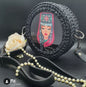 Handmade Black Knitted Bag with Chain & Fabric Handle | Wooden Painted Mural Decor | 16X6cm | High-Quality Crochet Bag | Chic Crossbody Bag
