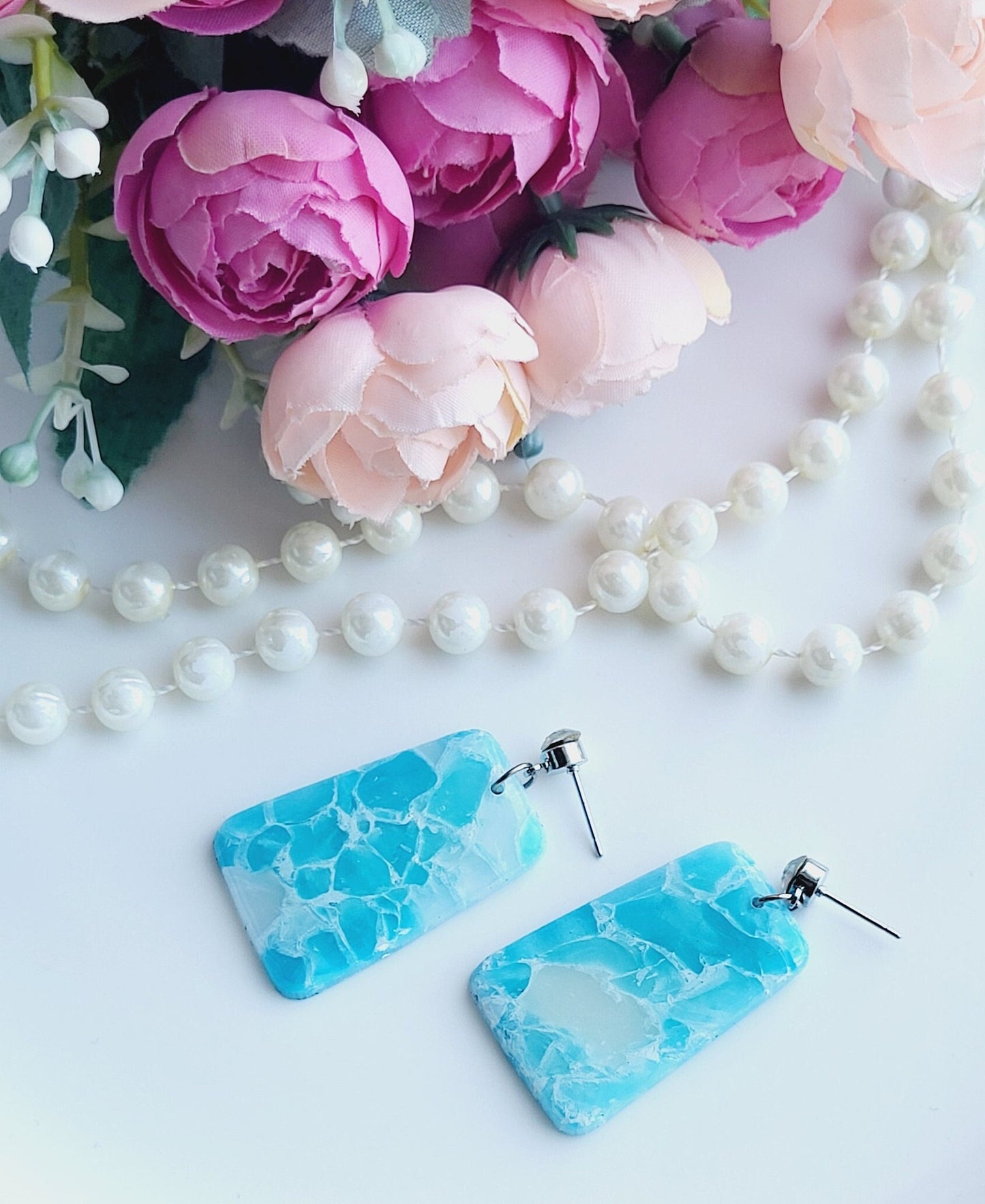 Turquoise Rectangle Polymer Clay Earrings/Lightweight Aqua Statement Earrings/Marble Effect Polymer Clay Jewelry