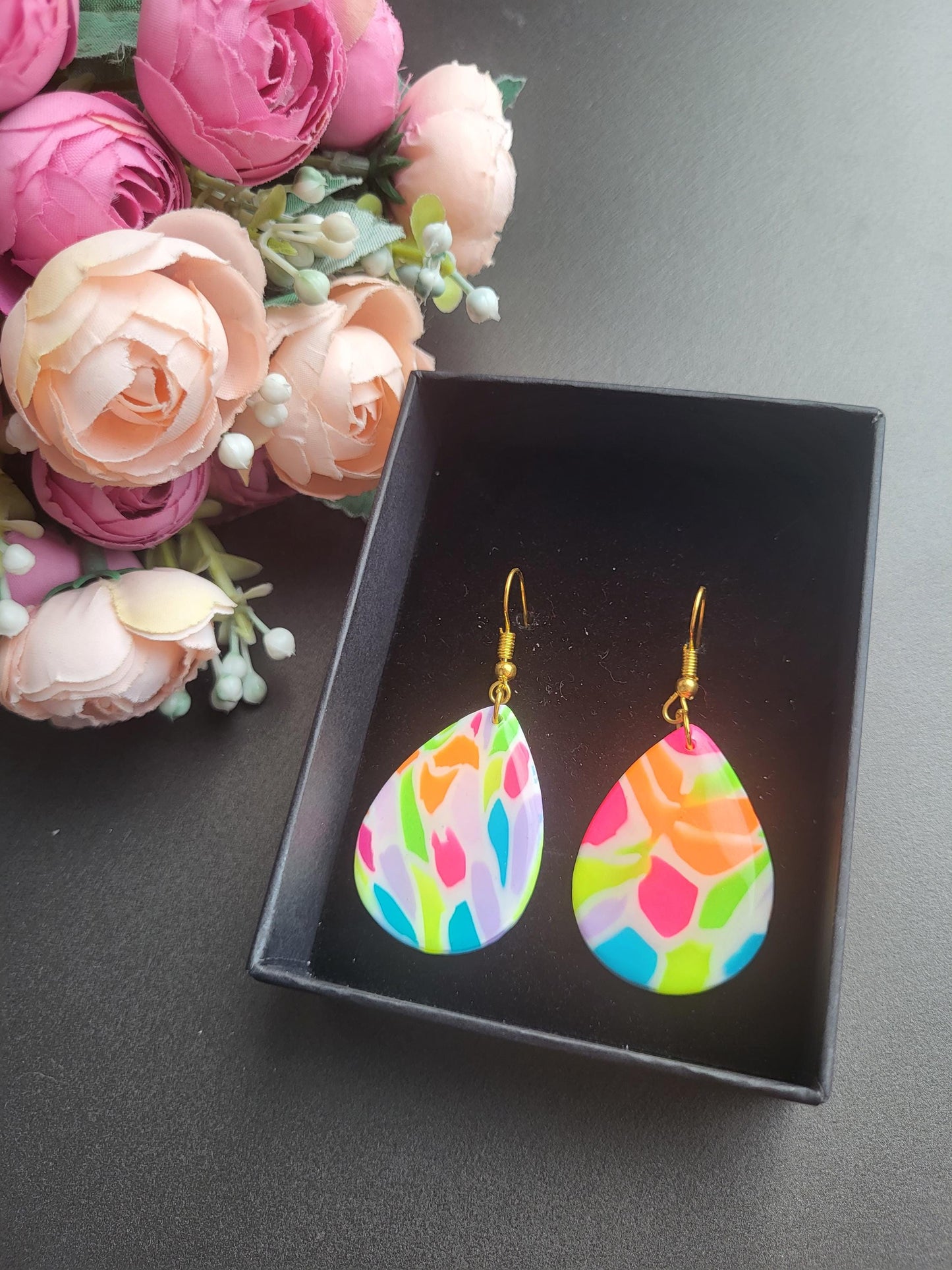 Colorful Handmade Polymer Clay Teardrop Earrings/Vibrant Abstract Polymer Clay Earrings/Handcrafted Color Splash Clay Earrings