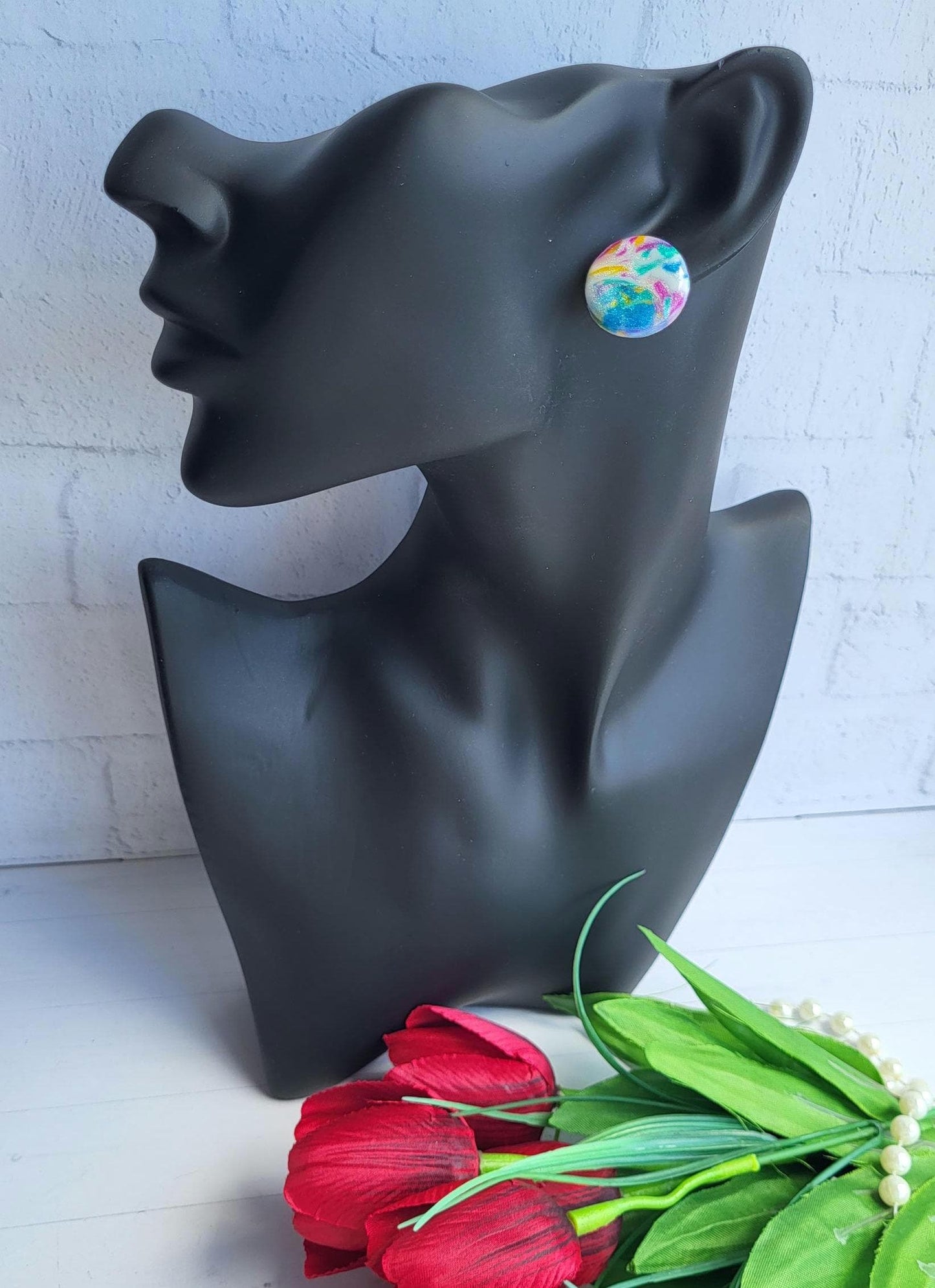Vibrant Abstract Design Earrings in Polymer Clay/Artistic Small Round Earrings with Colorful Patterns