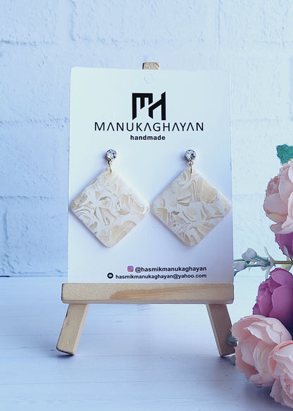 Square Polymer Clay Dangle Earrings | Cream Textured Beige Statement Earrings | Handmade Neutral Square Earrings | Polymer Clay Jewelry