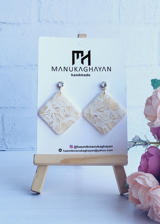 Square Polymer Clay Dangle Earrings | Cream Textured Beige Statement Earrings | Handmade Neutral Square Earrings | Polymer Clay Jewelry