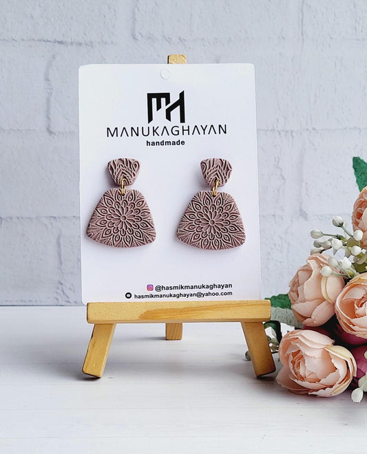 Earthy Mauve Floral Mandala Earrings | Embossed Detail Yoga Earrings | Handmade Floral Statement Jewelry | Nature-Inspired Clay Earrings