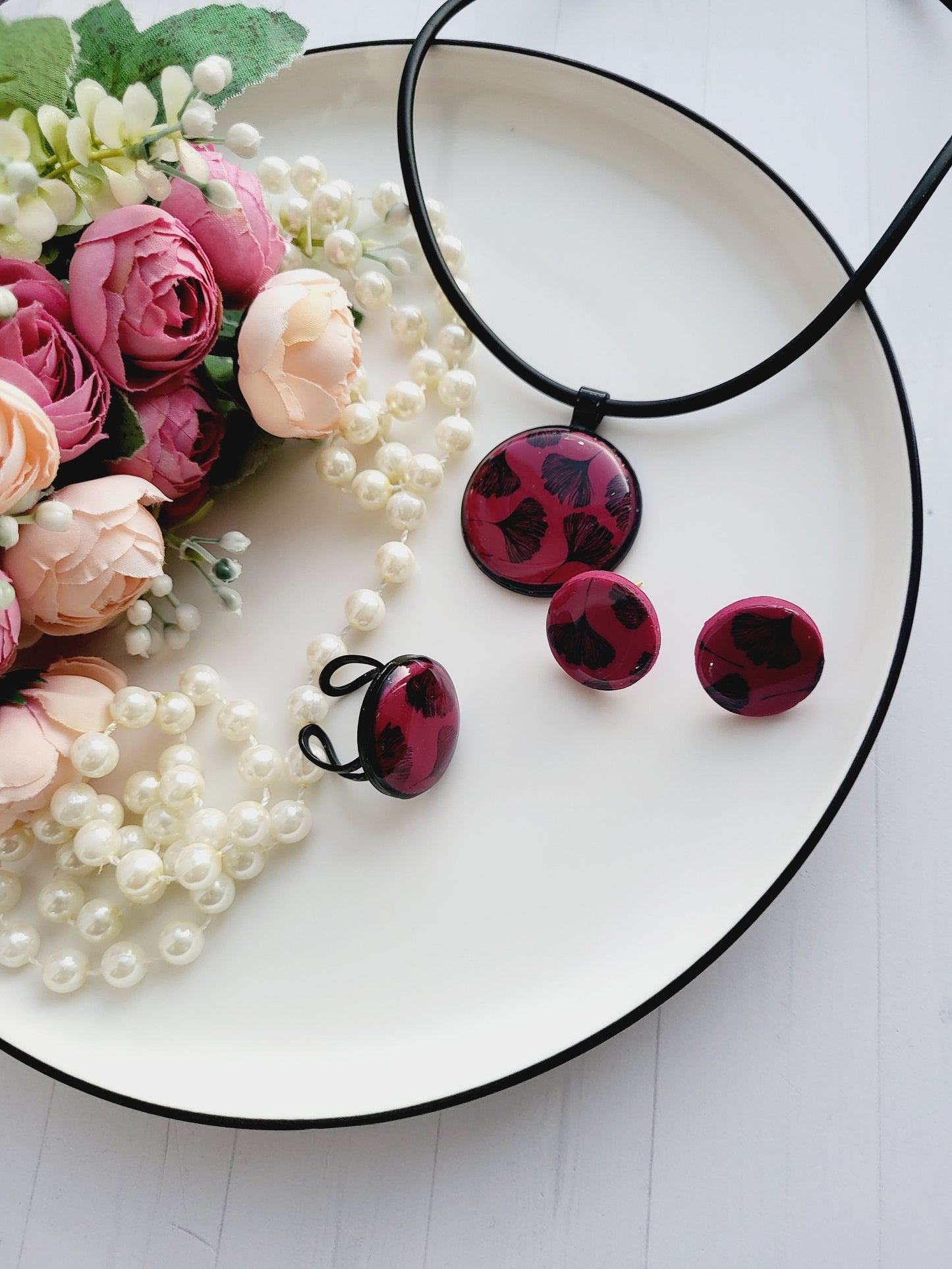 Bordeaux Polymer Clay Jewelry Set | Round Necklace | Matching Ring | Stud Earrings | Circle Pendant Charms | Polymer Clay Round Earring