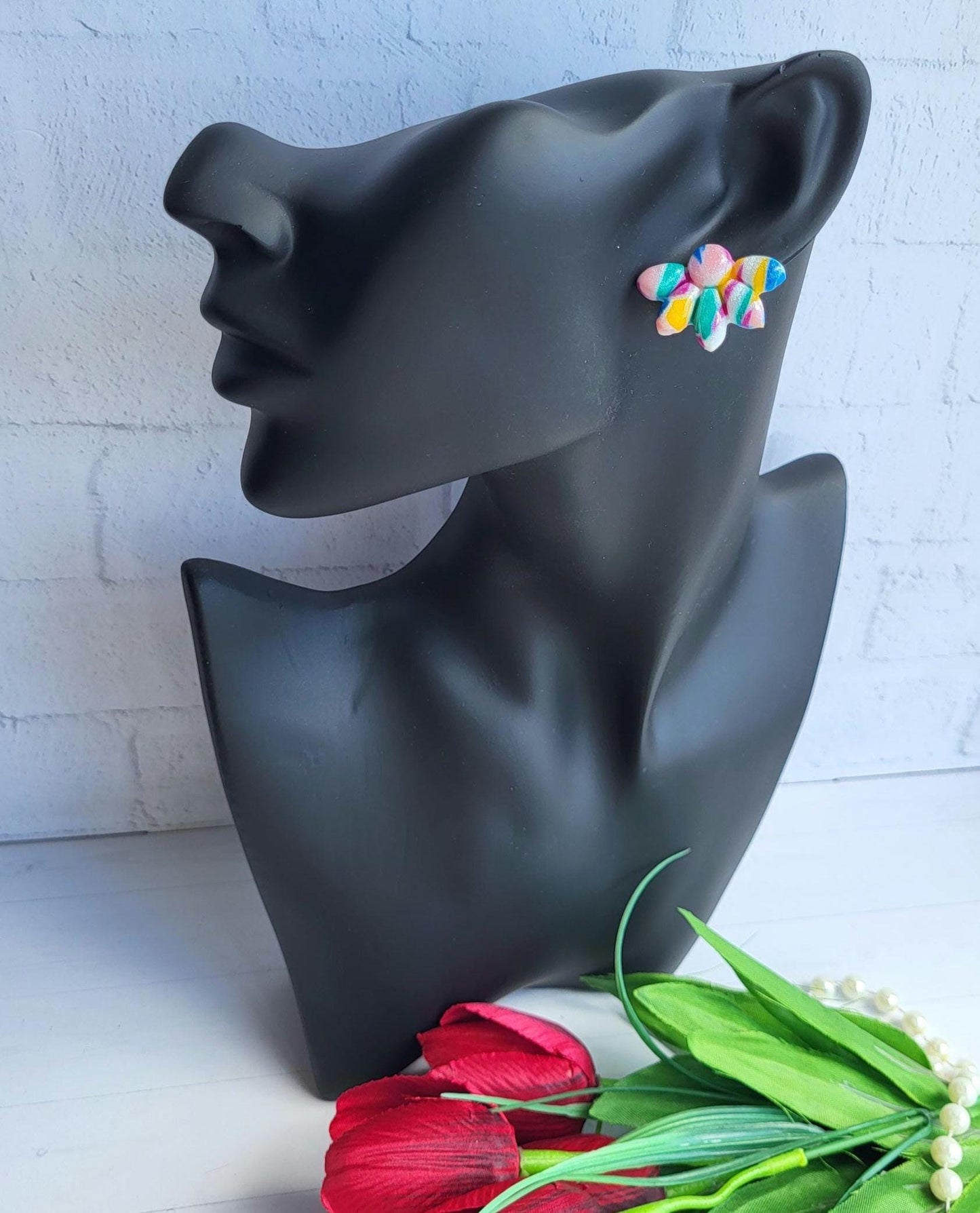 Handmade Multicolored Floral Polymer Clay Earrings/Artistic Flower-Shaped Earrings with Vibrant Colors