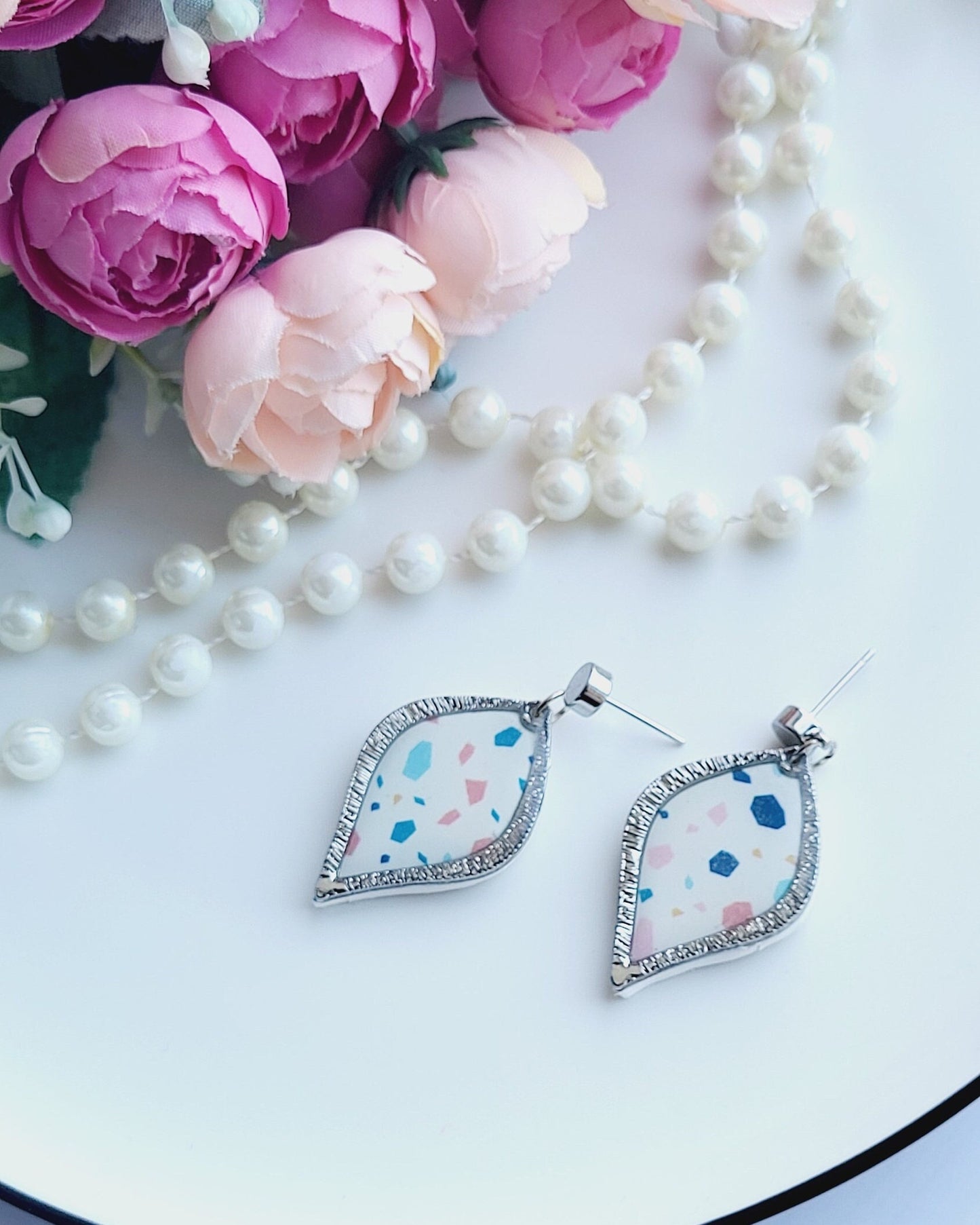 Handmade Polymer Clay Earrings with Terrazzo Pattern and Silver Frames/Elegant Teardrop Earrings with Abstract Polymer Clay Design