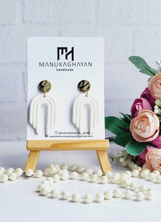 Handmade White Arch Polymer Clay Earrings with Gold Accents/Minimalist Textured Arch Earrings in Polymer Clay