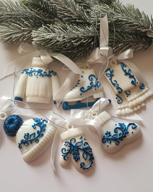 Elegant Blue and White Epoxy Resin Christmas Tree Ornament Set/Unique Set of 6 Resin Christmas Ornaments: Winter Clothing and Accessories