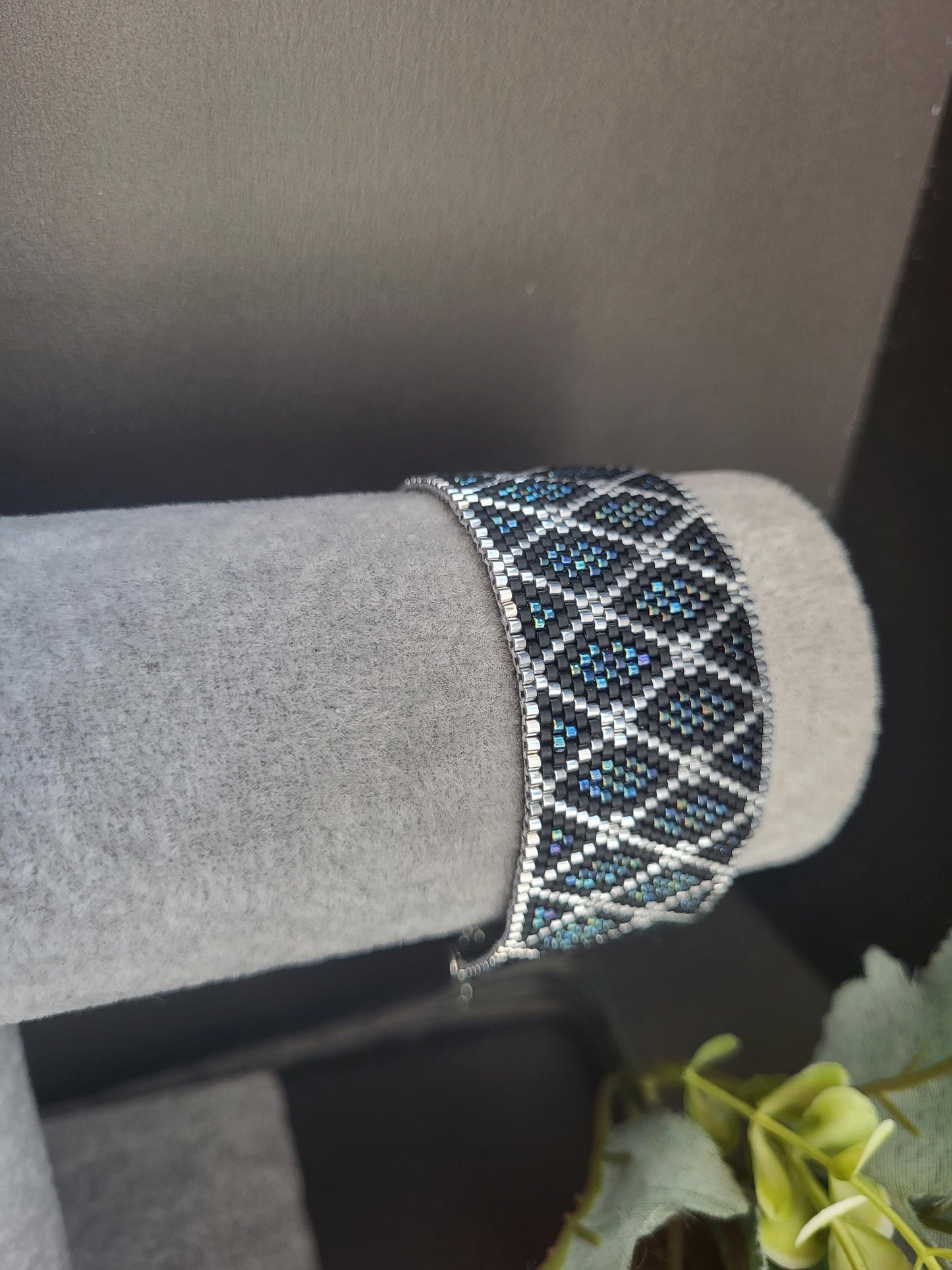 Handmade Miyuki Beaded Bracelet – Silver, Black and Blue Tones/Miyuki Glass Beaded Bracelet – Timeless Silver and Blue Elegance
