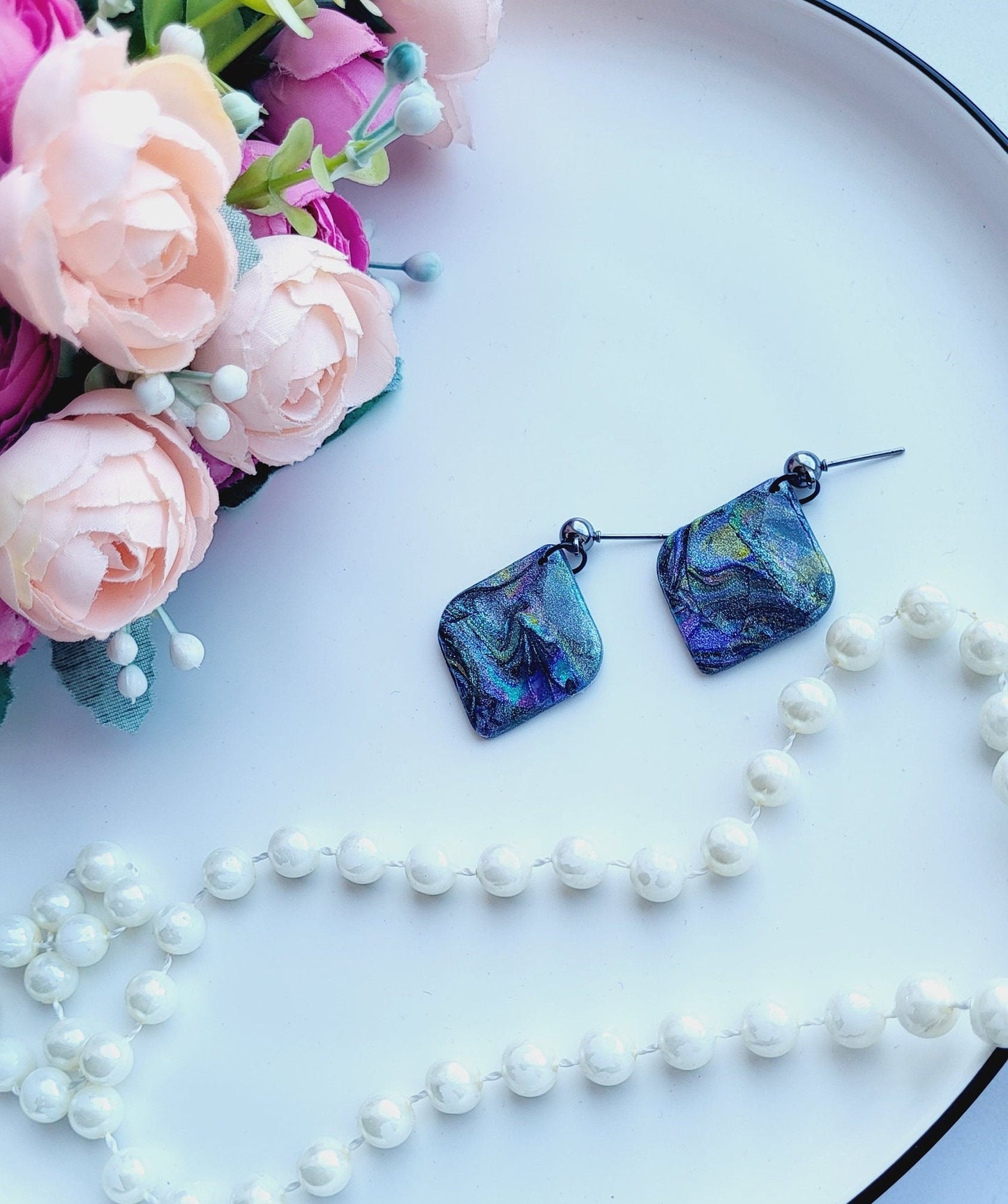 Textured Diamond-Shaped Earrings/Black and Shimmer Polymer Clay Jewelry/Elegant Iridescent Polymer Earrings/Shimmering Statement Earrings