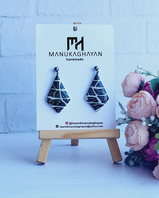 Nature-Inspired Polymer Clay Statement Jewelry/Unique Artisan Polymer Clay Earrings/Elegant Black and White Triangle Drop Earrings