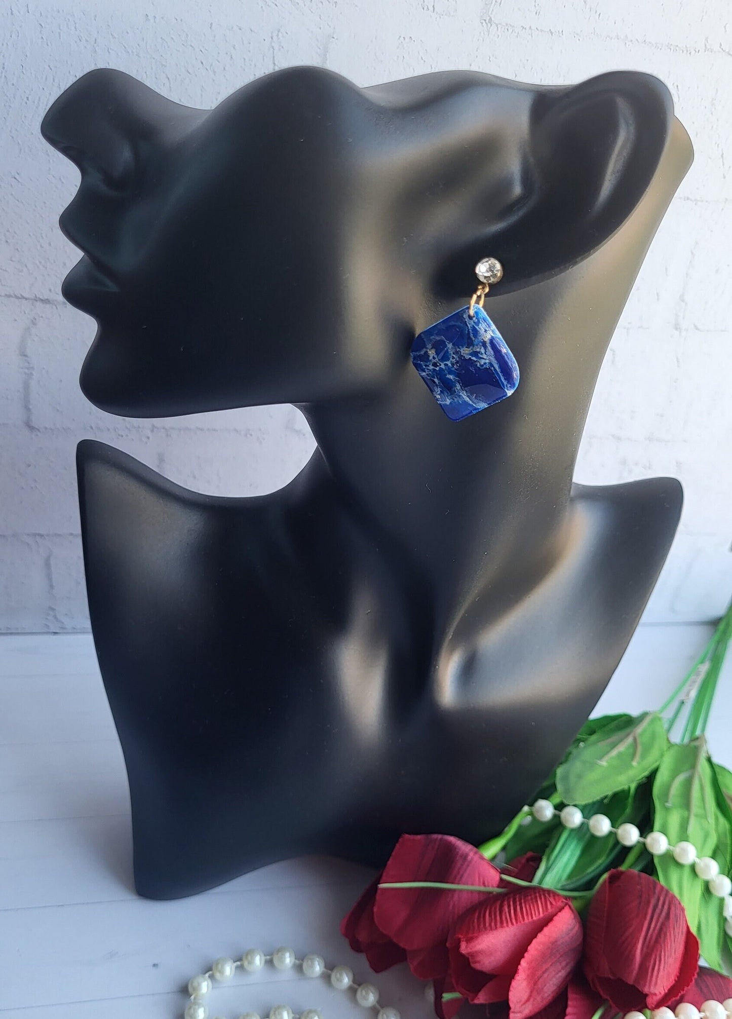 Stylish Square Earrings with Glossy Blue and White Marble Finish/Sleek Square Earrings with Glossy Blue Marble Accents