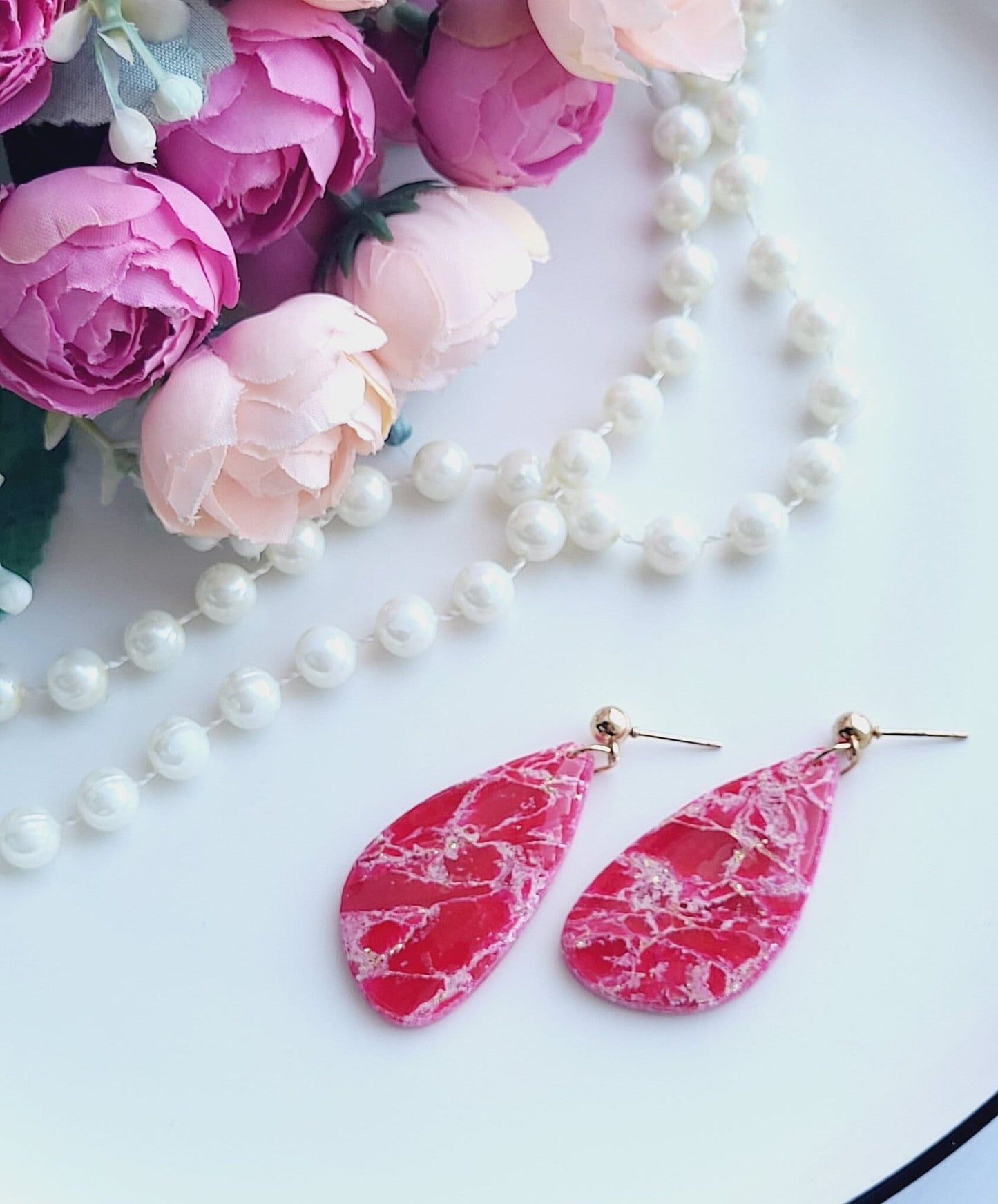 Red Marble Effect Teardrop Polymer Clay Earrings | Handmade Geometric Dangle Earrings | Unique Red Statement Earrings | Teardrop Earrings