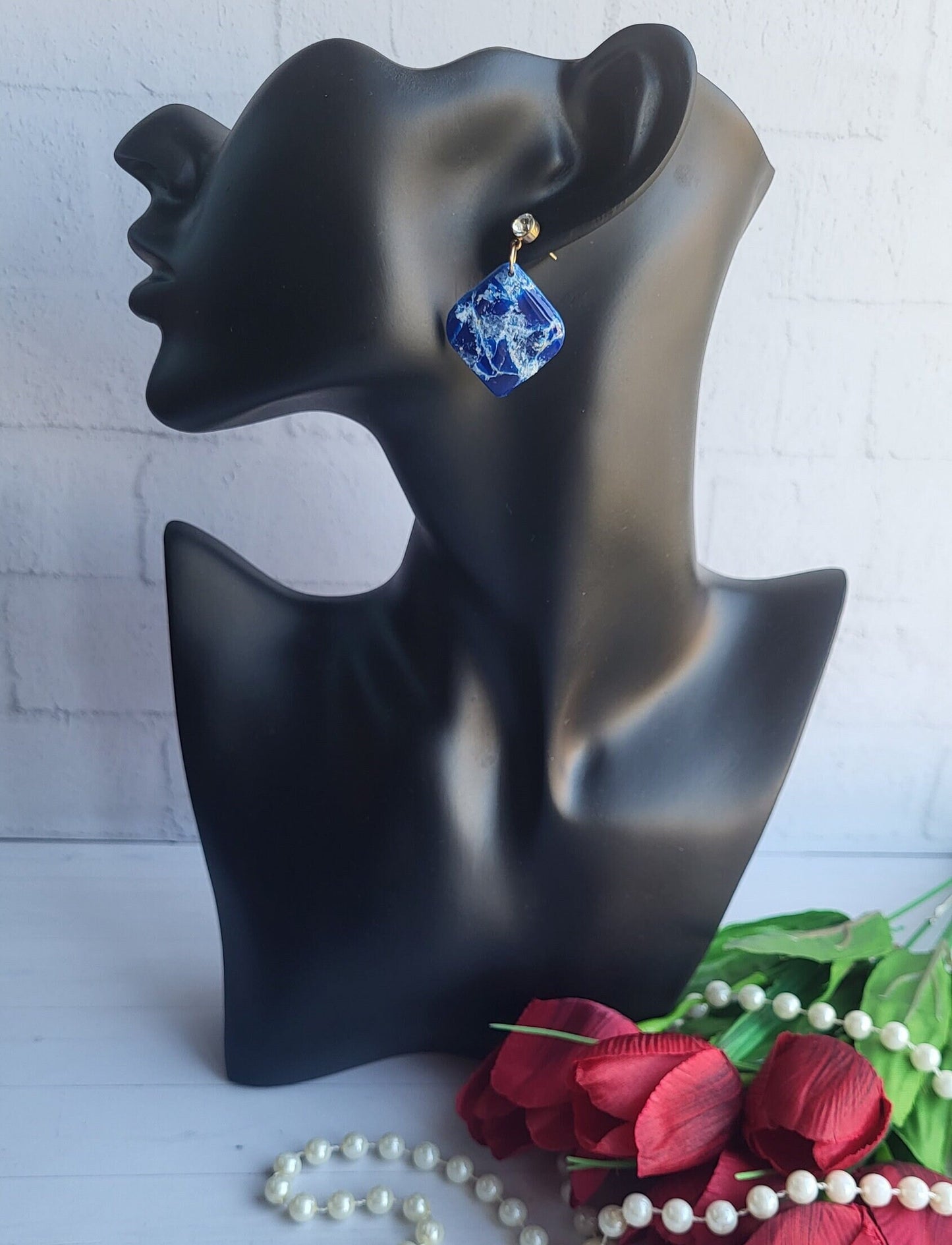 Stylish Square Earrings with Glossy Blue and White Marble Finish/Sleek Square Earrings with Glossy Blue Marble Accents