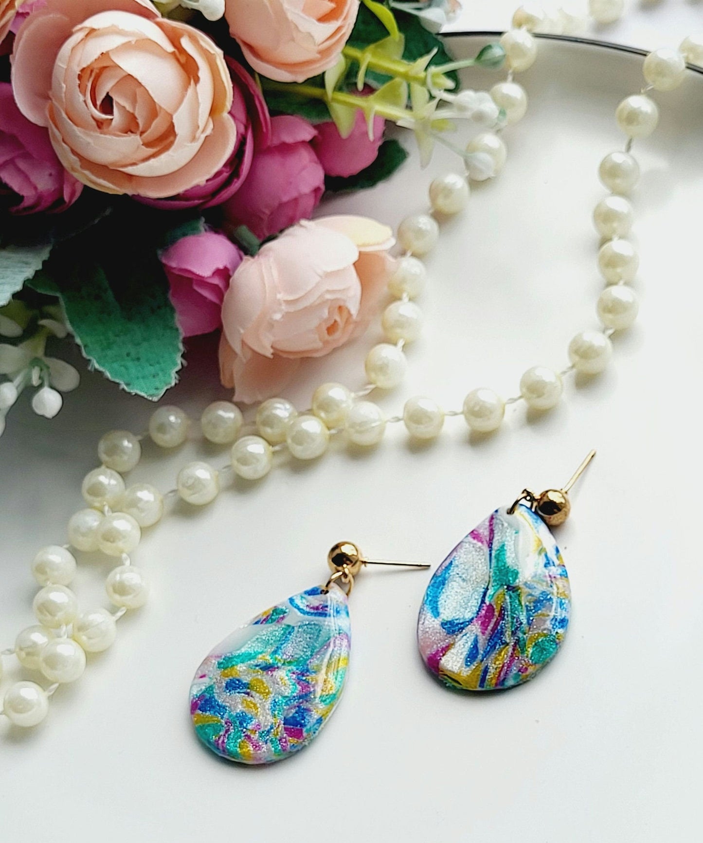 Shimmering Abstract Teardrop Clay Earrings/Handmade Multicolor Teardrop Earrings/Unique Abstract Design Clay Earrings