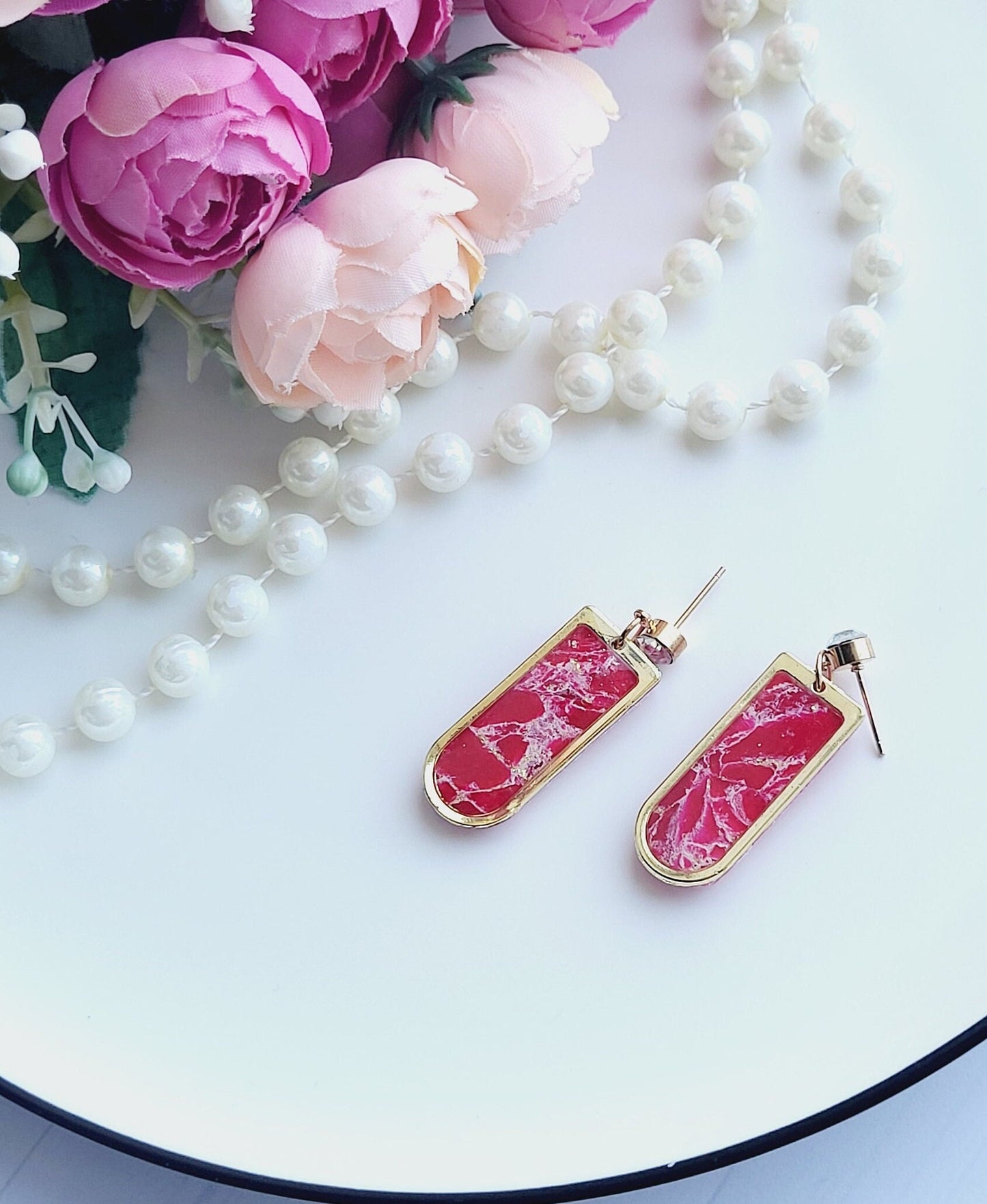 Elegant Rectangular Earrings with Marble Texture and Gold Frame/Contemporary Polymer Clay Earrings with Gold and Marble Finish