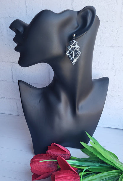 Monochrome Leaf-Inspired Polymer Clay Earrings/Geometric Textured Polymer Clay Earrings/Unique Sculpted Clay Statement Earrings