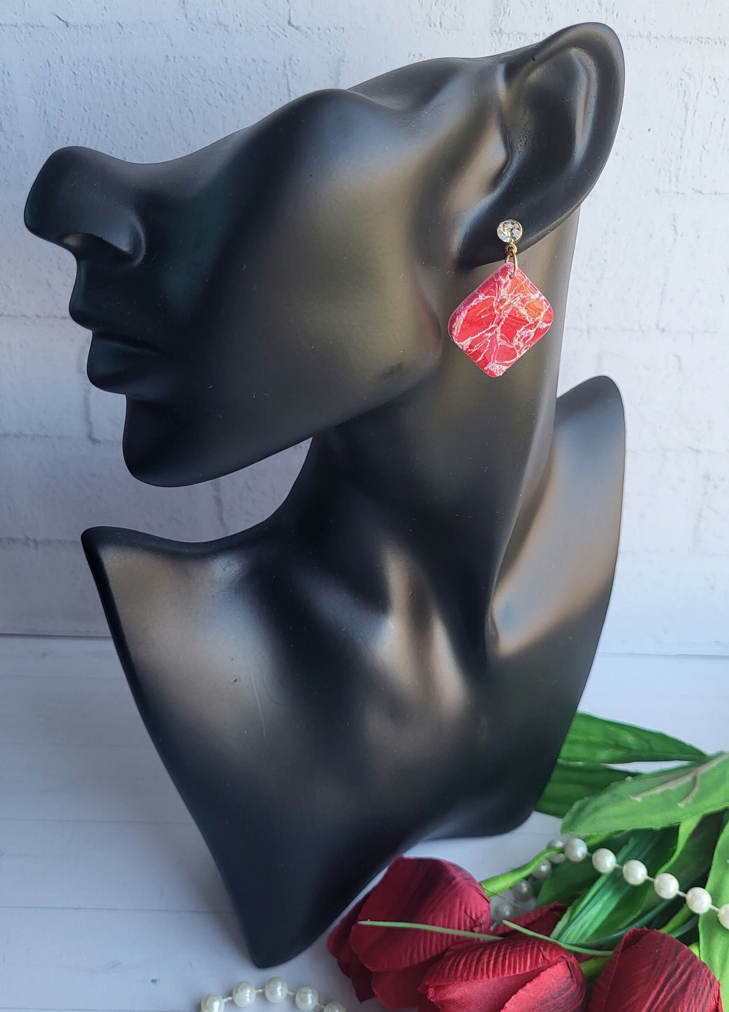 Glossy Red Marbled Polymer Clay Earrings/Bold Red Marbled Earrings Design/Vibrant Square Dangle Earrings Handmade