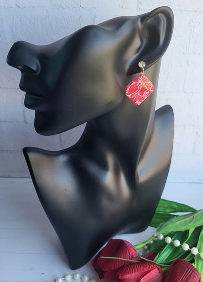 Glossy Red Marbled Polymer Clay Earrings/Bold Red Marbled Earrings Design/Vibrant Square Dangle Earrings Handmade