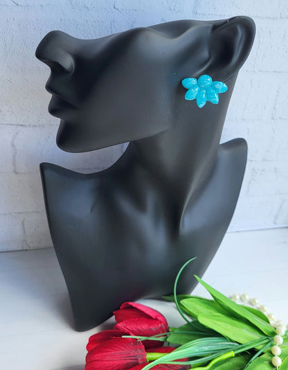 Bold and Bright Floral Earrings in Glossy Blue/Unique Blue Flower Earrings Crafted from Polymer Clay