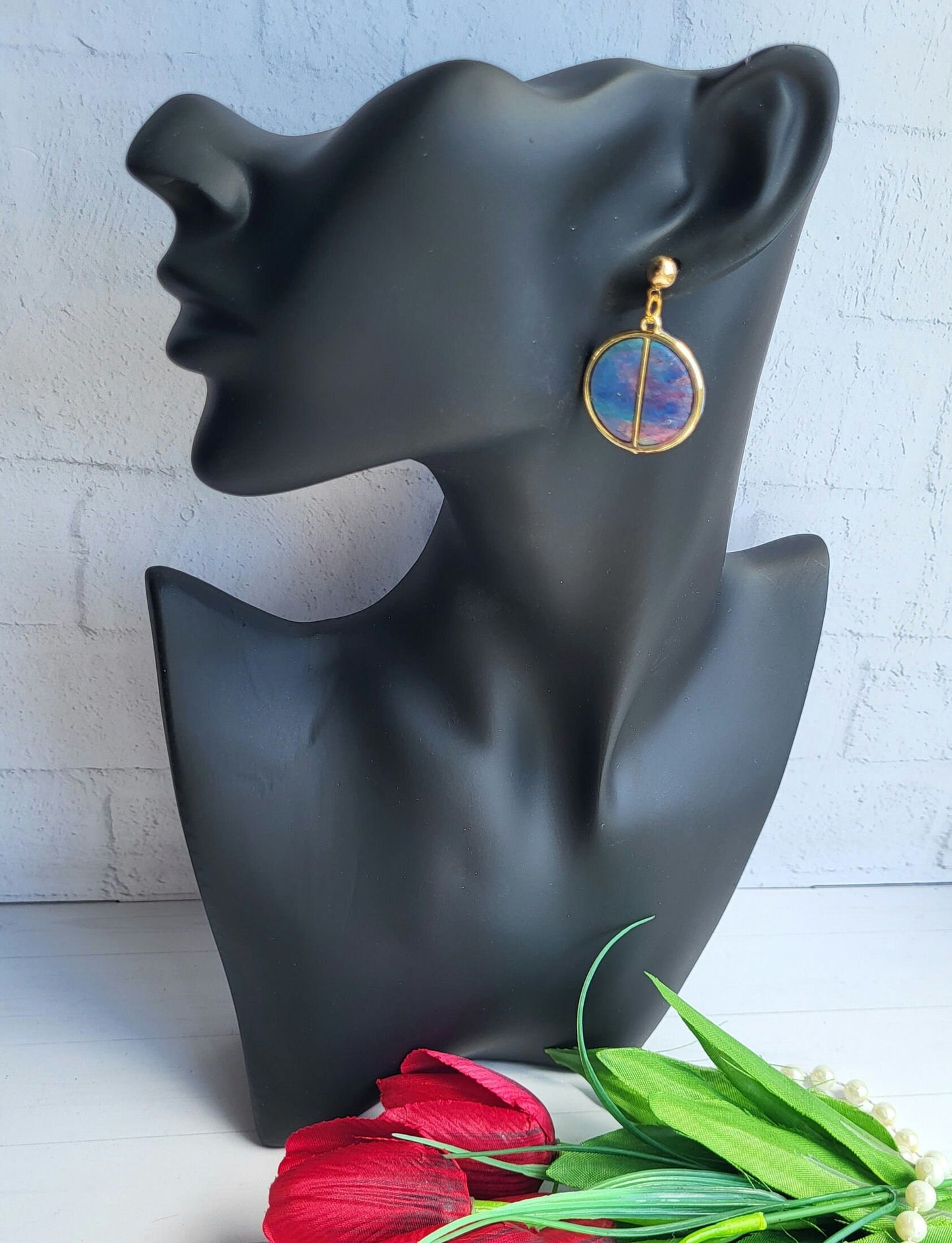 Handmade Abstract Polymer Clay Drop Earrings with Gold Accent/Unique Colorful Polymer Clay Earrings with Minimalist Gold Line