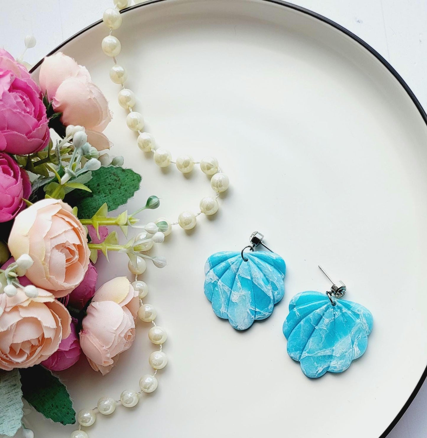Handmade Polymer Clay Seashell Earrings | Scalloped Turquoise & White Marbled Earrings | Ocean-Inspired Jewelry | Stylish Dangle Earrings