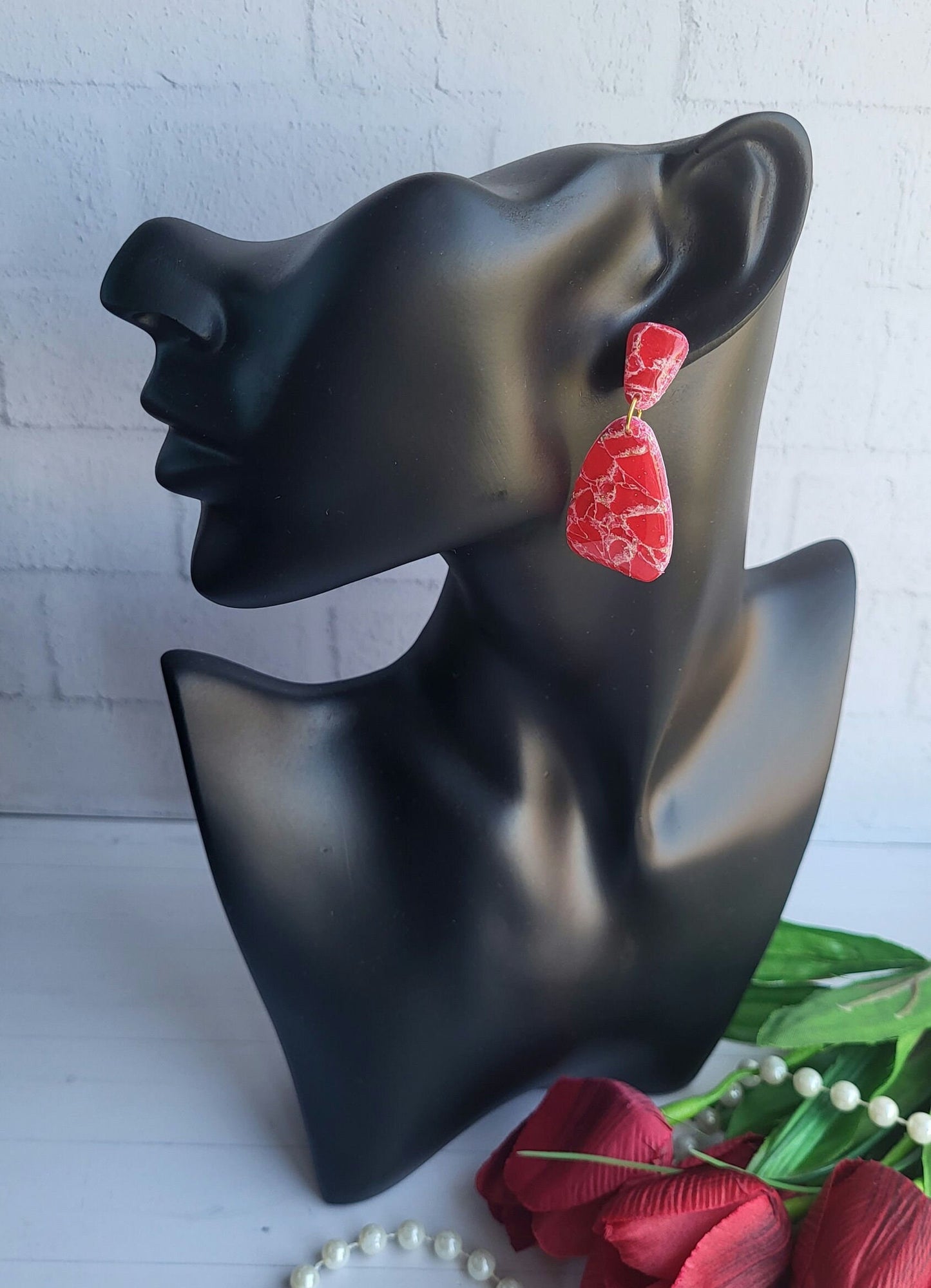 Bold Red Handmade Polymer Clay Earrings/Marbled Red Statement Dangle Earrings/Red Marble Effect Drop Earrings/Handcrafted Red Chic Earrings