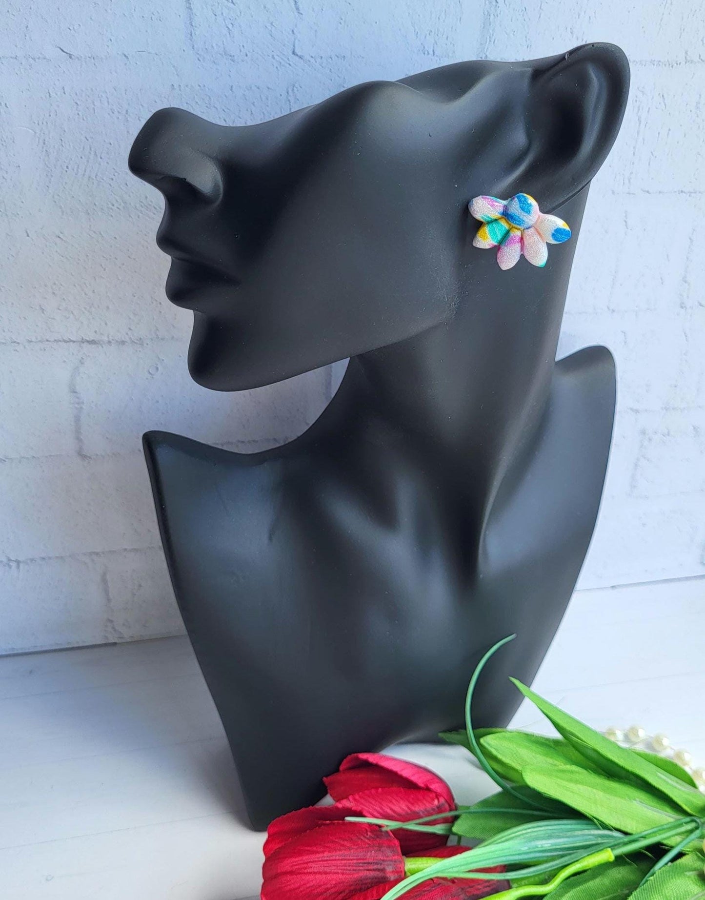 Handmade Multicolored Floral Polymer Clay Earrings/Artistic Flower-Shaped Earrings with Vibrant Colors