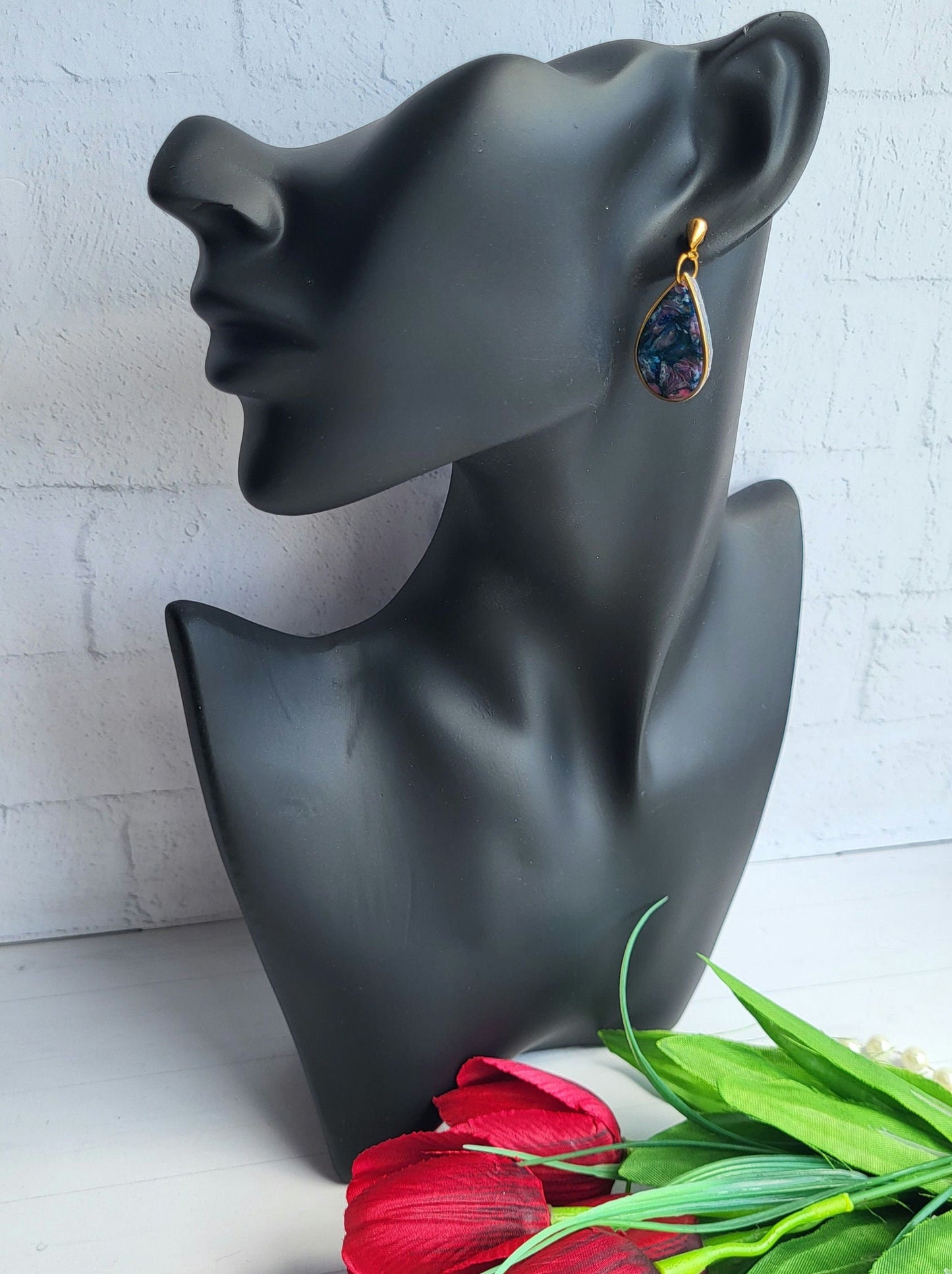 Elegant Teardrop Polymer Clay Earrings with Cosmic Colors/Stylish Gold-Framed Teardrop Polymer Clay Earrings/