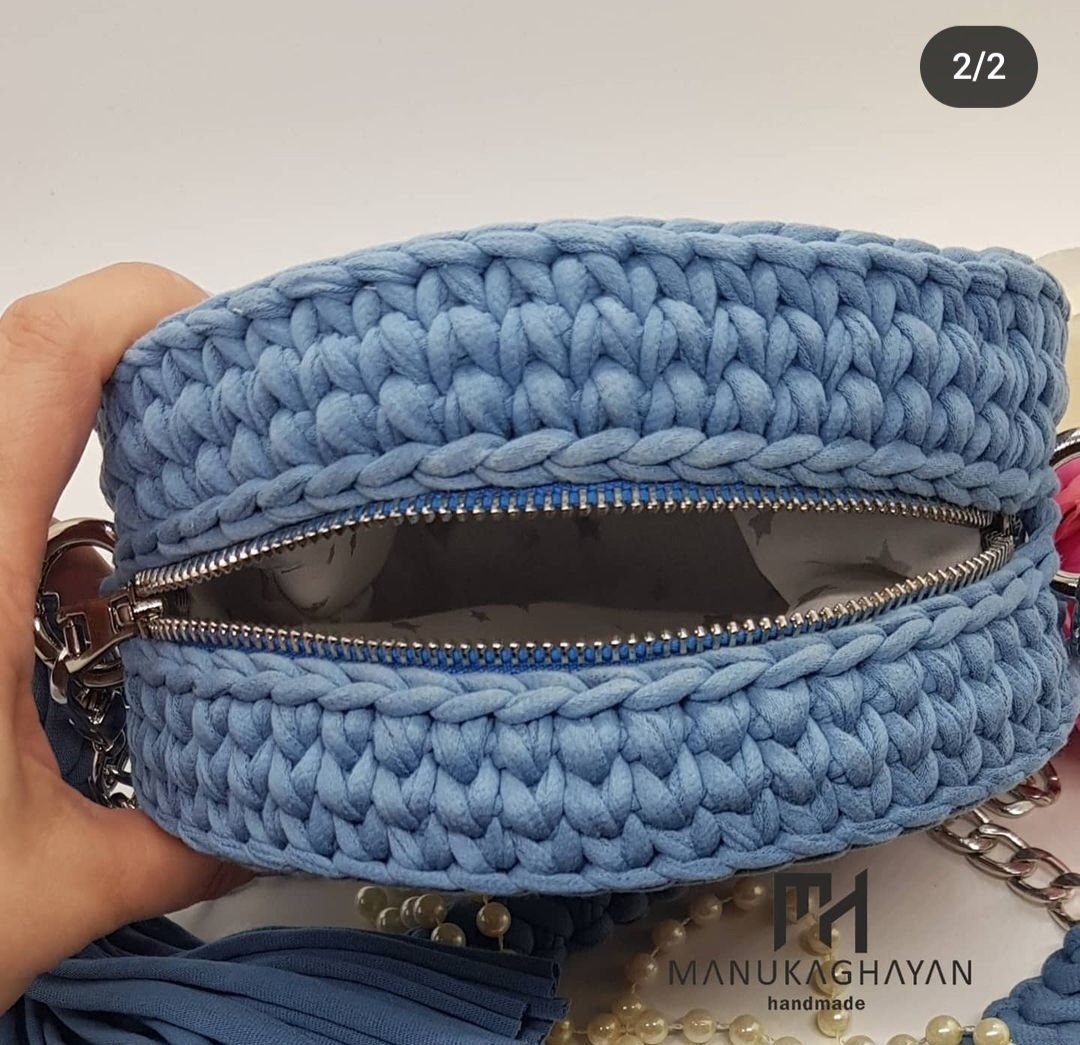 Handmade Blue Jeans Bag with Knitted Threads | Plastic Mural and Chain Handle Bag | Trendy Bag With One Pocket | Casual Fashion Bag