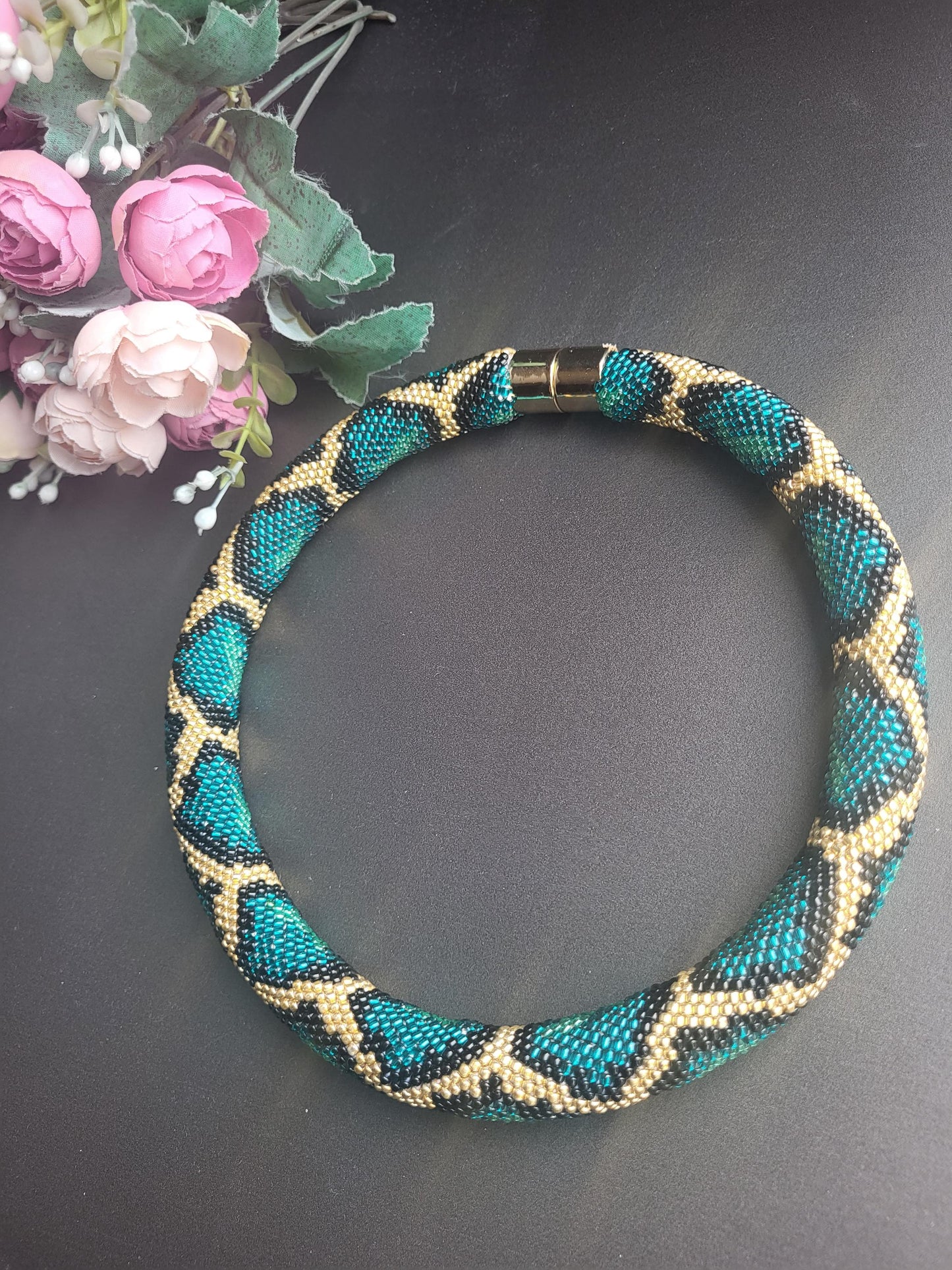 Handmade Beaded Snake Necklace – Gold, Black and  Azure Tones, Statement Jewelry, Tube Beadwork Choker