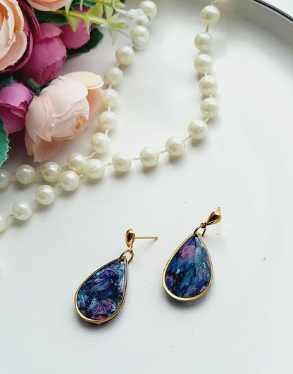 Elegant Teardrop Polymer Clay Earrings with Cosmic Colors/Stylish Gold-Framed Teardrop Polymer Clay Earrings/
