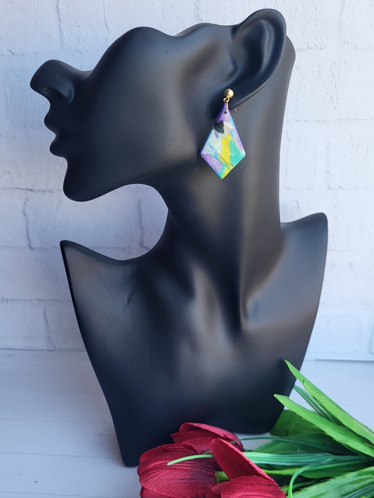 Abstract Geometric Earrings/Colorful Clay Diamonds/Handmade Artisan Jewelry/Multi-Hued Statement Dangles