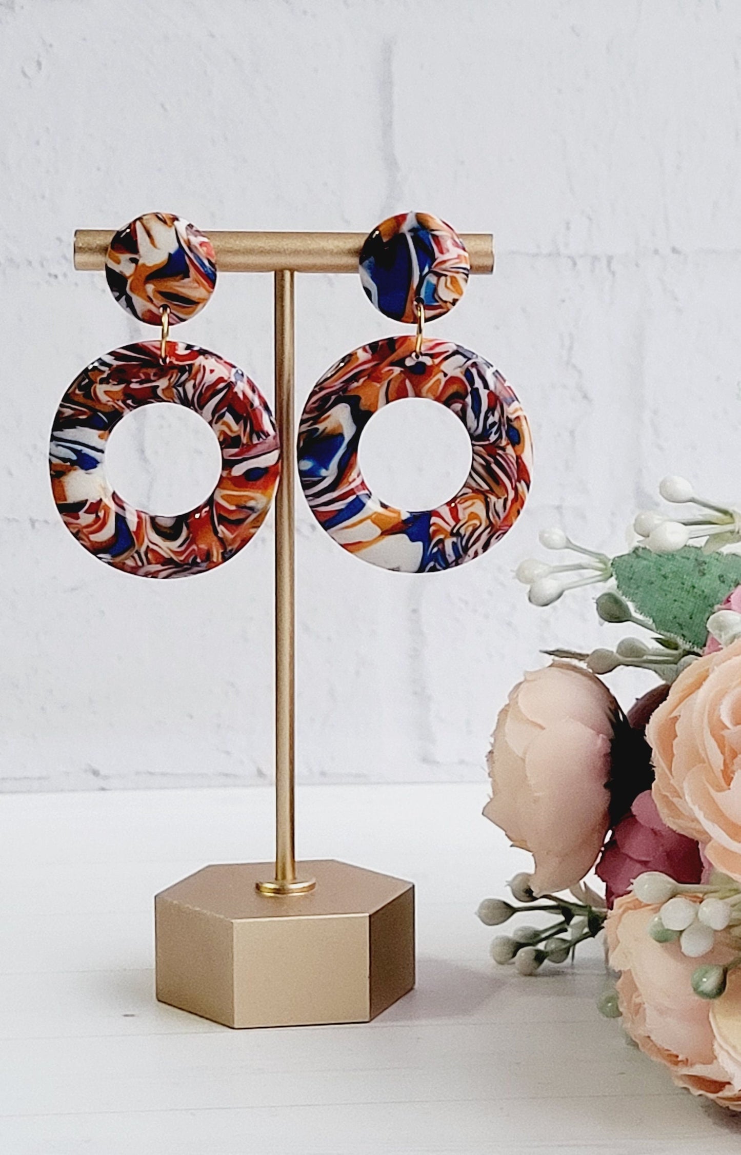 Vibrant Swirl Hoop Polymer Clay Earrings/Handcrafted Round Dangle Earrings in Abstract Colors/Colorful Abstract Circle Dangle Earrings