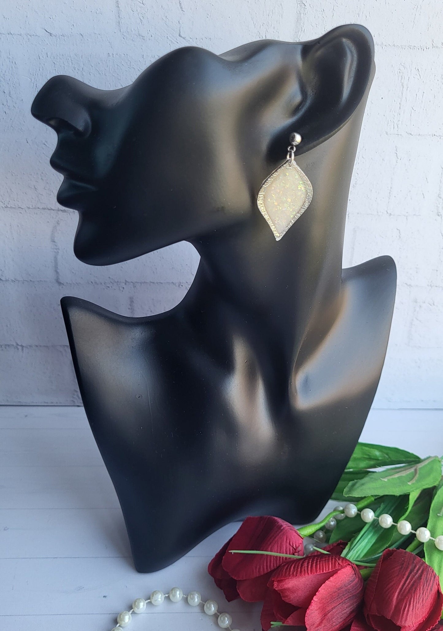 Sparkling Leaf-Shaped Polymer Clay Earrings with Silver Detailing/Dainty Leaf Design Polymer Clay Earrings for a Sophisticated Look