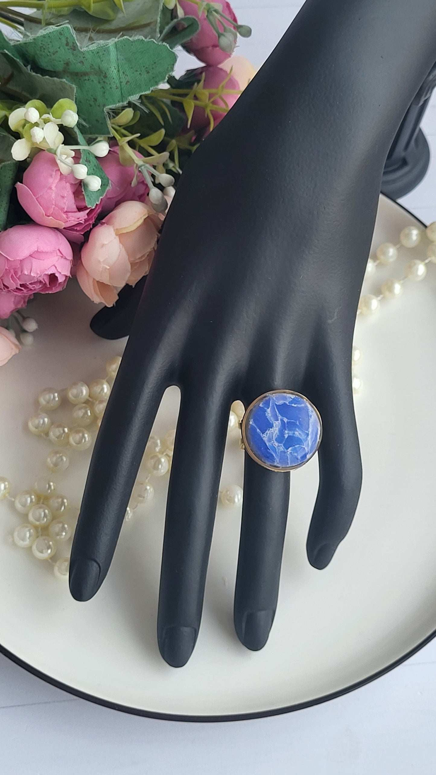 Beautiful Blue Jewelry Set | Polymer Clay Handmade Necklace | Earrings | Ring | Spring Summer Statement Jewelry | spring and summer Jewelry