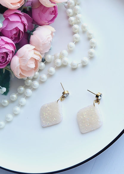 Sparkling Ivory Polymer Clay Earrings/Handmade Square Drop Glitter Earrings/Minimalist Ivory Glitter Clay Earrings