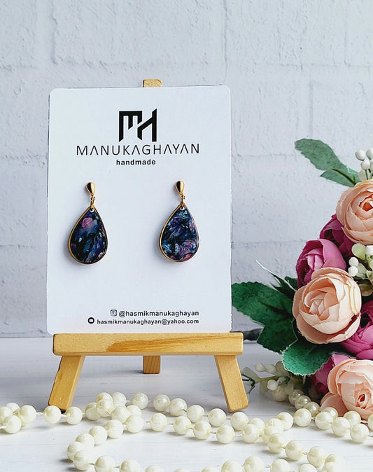 Elegant Teardrop Polymer Clay Earrings with Cosmic Colors/Stylish Gold-Framed Teardrop Polymer Clay Earrings/